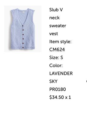 J. Crew Slub V-Neck Sweater Vest
Size small light blue/lavender